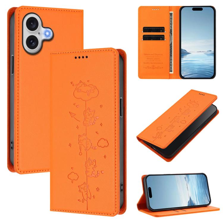 Ốp điện thoại da thuần chay dập nổi mèo dễ thương có nam châm RFID, cho iPhone Air, cho iPhone 16 Pro Max, cho iPhone 16 Pro, cho iPhone 16 Plus