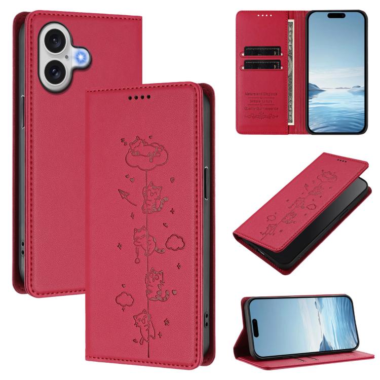 Ốp điện thoại da thuần chay dập nổi mèo dễ thương có nam châm RFID, cho iPhone Air, cho iPhone 16 Pro Max, cho iPhone 16 Pro, cho iPhone 16 Plus