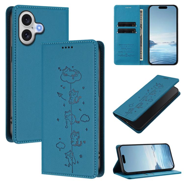 Ốp điện thoại da thuần chay dập nổi mèo dễ thương có nam châm RFID, cho iPhone Air, cho iPhone 16 Pro Max, cho iPhone 16 Pro, cho iPhone 16 Plus