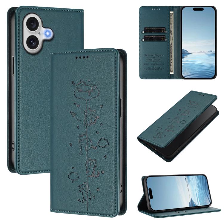 Ốp điện thoại da thuần chay dập nổi mèo dễ thương có nam châm RFID, cho iPhone Air, cho iPhone 16 Pro Max, cho iPhone 16 Pro, cho iPhone 16 Plus