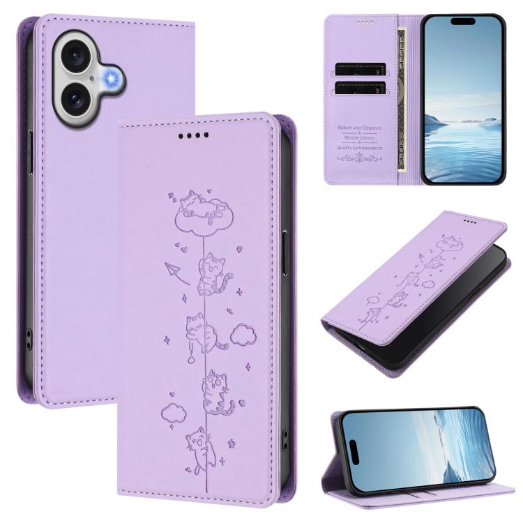 Ốp điện thoại da thuần chay dập nổi mèo dễ thương có nam châm RFID, cho iPhone Air, cho iPhone 16 Pro Max, cho iPhone 16 Pro, cho iPhone 16 Plus