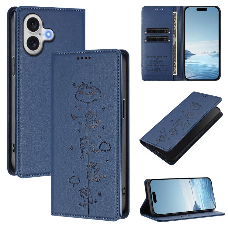 Ốp điện thoại da thuần chay dập nổi mèo dễ thương có nam châm RFID, cho iPhone Air, cho iPhone 16 Pro Max, cho iPhone 16 Pro, cho iPhone 16 Plus