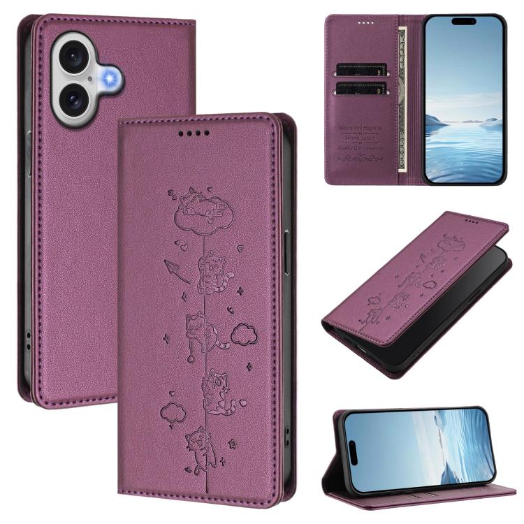 Ốp điện thoại da thuần chay dập nổi mèo dễ thương có nam châm RFID, cho iPhone Air, cho iPhone 16 Pro Max, cho iPhone 16 Pro, cho iPhone 16 Plus