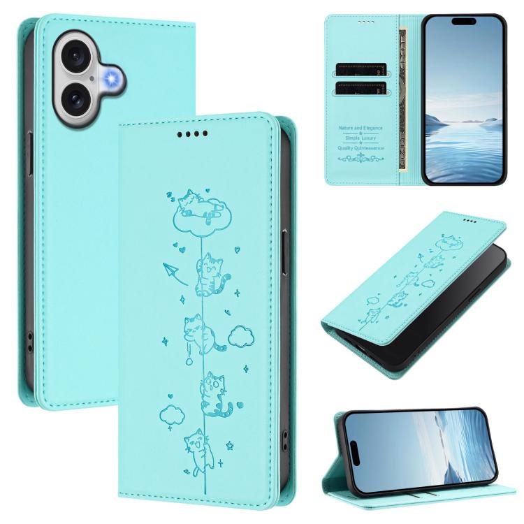 Cute Cats Embossed Magnetic RFID Vegan Leather Phone Case, For iPhone 16, For iPhone 15 Pro Max, For iPhone 15 Pro, For iPhone 15 Plus