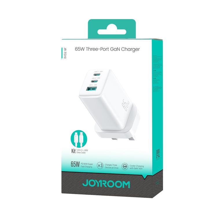 JOYROOM JR-TG10 Sạc GaN 65W 3 cổng USB, 2 cổng Type-C, kèm cáp Type-C sang 8 Pin, phích cắm UK
