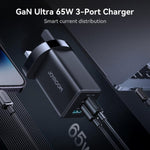 JOYROOM JR-TG10 Sạc GaN 65W 3 cổng USB, 2 cổng Type-C, kèm cáp Type-C sang 8 Pin, phích cắm UK