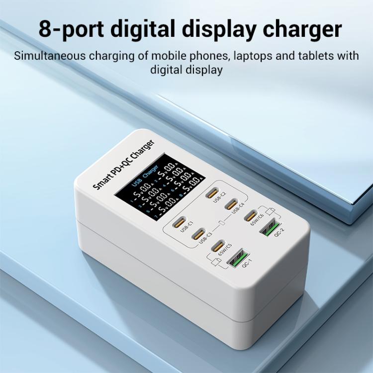 A8C 2 x USB-A and 6 x USB-C / Type-C Ports Desktop Digital Display Multi-Port Charger, US Plug, EU Plug, UK Plug, AU Plug