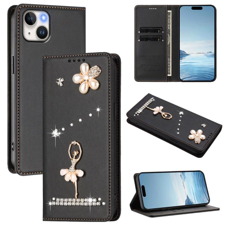 Ốp lưng điện thoại bằng da thuần chay đính kim cương hình cô gái múa ba-lê có RFID, cho iPhone 16 Pro, iPhone 16 Plus, iPhone 16, iPhone 15 Pro Max, iPhone 15 Pro, iPhone 15 Plus