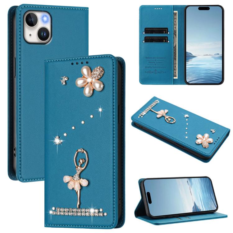 Ốp lưng điện thoại bằng da thuần chay đính kim cương hình cô gái múa ba-lê có RFID, cho iPhone 16 Pro, iPhone 16 Plus, iPhone 16, iPhone 15 Pro Max, iPhone 15 Pro, iPhone 15 Plus