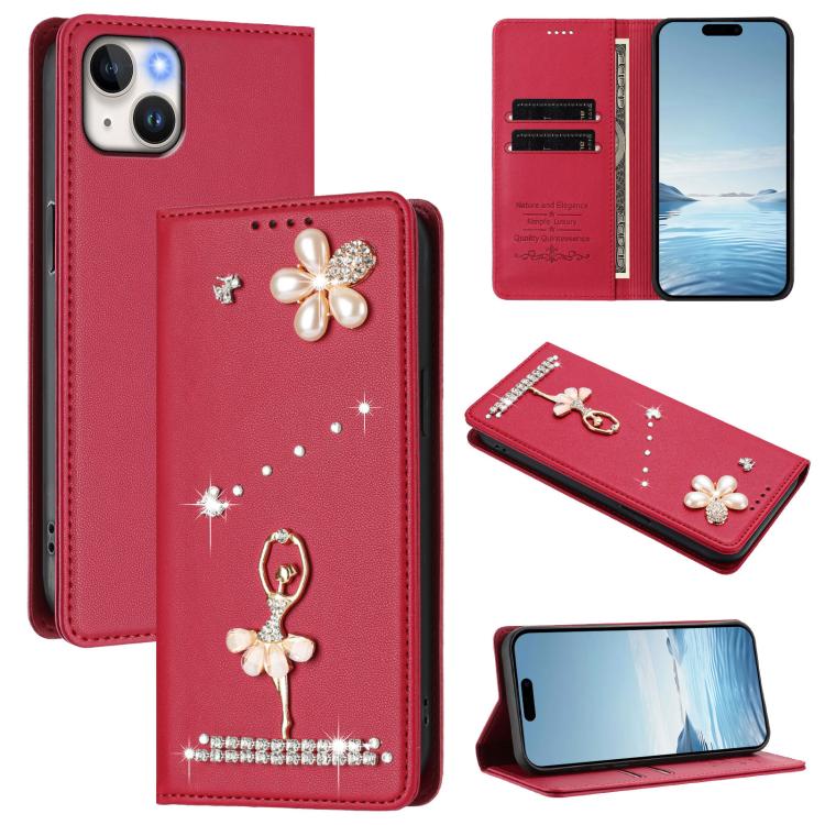 Ốp lưng điện thoại bằng da thuần chay đính kim cương hình cô gái múa ba-lê có RFID, cho iPhone 16 Pro, iPhone 16 Plus, iPhone 16, iPhone 15 Pro Max, iPhone 15 Pro, iPhone 15 Plus