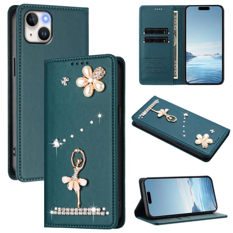 Ốp lưng điện thoại bằng da thuần chay đính kim cương hình cô gái múa ba-lê có RFID, cho iPhone 16 Pro, iPhone 16 Plus, iPhone 16, iPhone 15 Pro Max, iPhone 15 Pro, iPhone 15 Plus