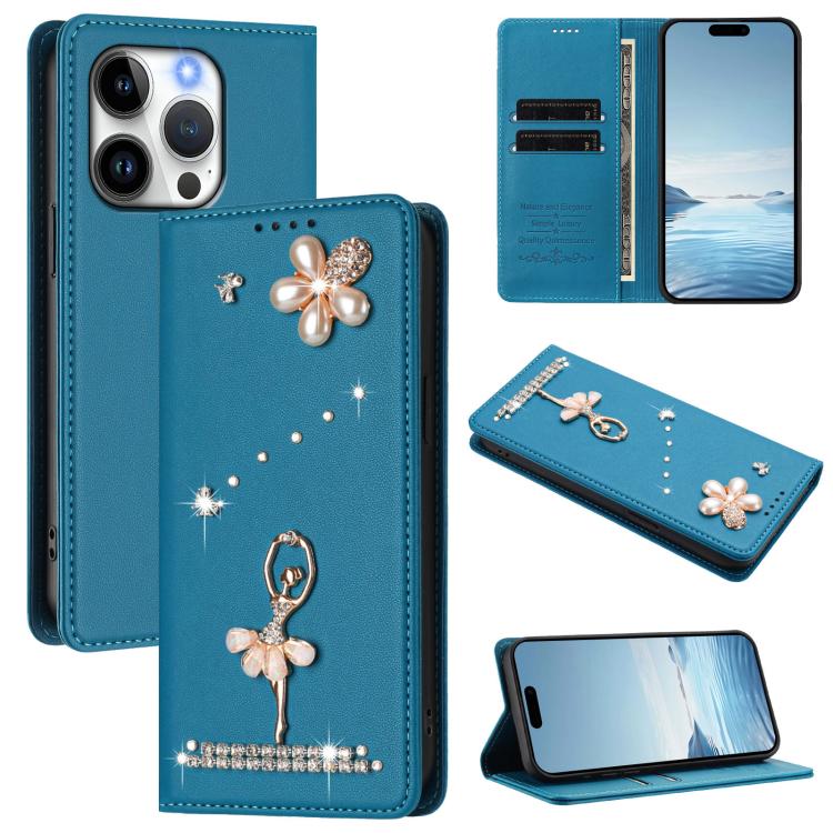 Ốp lưng điện thoại bằng da thuần chay đính kim cương hình cô gái múa ba-lê có RFID, cho iPhone 16 Pro, iPhone 16 Plus, iPhone 16, iPhone 15 Pro Max, iPhone 15 Pro, iPhone 15 Plus