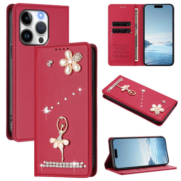 Ốp lưng điện thoại bằng da thuần chay đính kim cương hình cô gái múa ba-lê có RFID, cho iPhone 16 Pro, iPhone 16 Plus, iPhone 16, iPhone 15 Pro Max, iPhone 15 Pro, iPhone 15 Plus