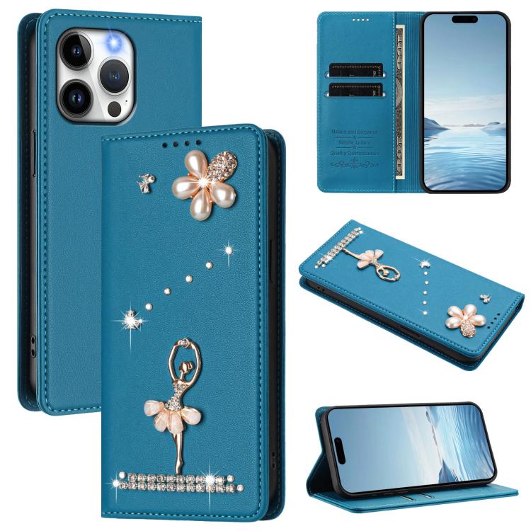 Ốp lưng điện thoại bằng da thuần chay đính kim cương hình cô gái múa ba-lê có RFID, cho iPhone 16 Pro, iPhone 16 Plus, iPhone 16, iPhone 15 Pro Max, iPhone 15 Pro, iPhone 15 Plus