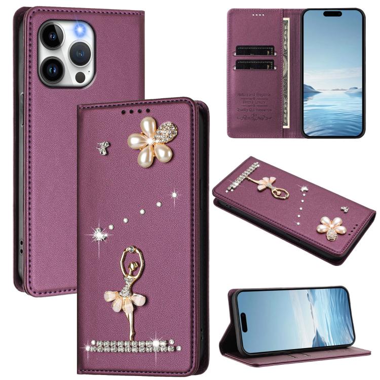 Ốp lưng điện thoại bằng da thuần chay đính kim cương hình cô gái múa ba-lê có RFID, cho iPhone 16 Pro, iPhone 16 Plus, iPhone 16, iPhone 15 Pro Max, iPhone 15 Pro, iPhone 15 Plus