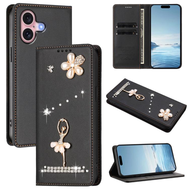 Ốp lưng điện thoại bằng da thuần chay đính kim cương hình cô gái múa ba-lê có RFID, cho iPhone 16 Pro, iPhone 16 Plus, iPhone 16, iPhone 15 Pro Max, iPhone 15 Pro, iPhone 15 Plus