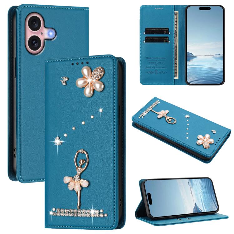 Ốp lưng điện thoại bằng da thuần chay đính kim cương hình cô gái múa ba-lê có RFID, cho iPhone 16 Pro, iPhone 16 Plus, iPhone 16, iPhone 15 Pro Max, iPhone 15 Pro, iPhone 15 Plus