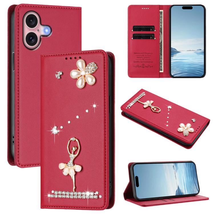 Ốp lưng điện thoại bằng da thuần chay đính kim cương hình cô gái múa ba-lê có RFID, cho iPhone 16 Pro, iPhone 16 Plus, iPhone 16, iPhone 15 Pro Max, iPhone 15 Pro, iPhone 15 Plus