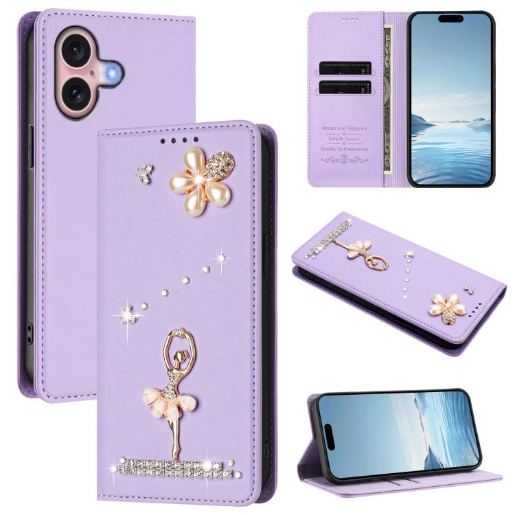 Ốp lưng điện thoại bằng da thuần chay đính kim cương hình cô gái múa ba-lê có RFID, cho iPhone 16 Pro, iPhone 16 Plus, iPhone 16, iPhone 15 Pro Max, iPhone 15 Pro, iPhone 15 Plus