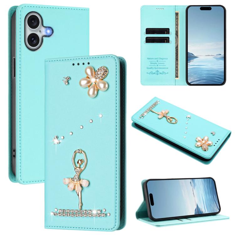 Ốp lưng điện thoại bằng da thuần chay đính kim cương hình cô gái múa ba-lê có RFID, cho iPhone 16 Pro, iPhone 16 Plus, iPhone 16, iPhone 15 Pro Max, iPhone 15 Pro, iPhone 15 Plus