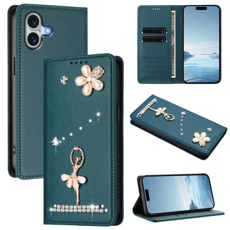 Ốp lưng điện thoại bằng da thuần chay đính kim cương hình cô gái múa ba-lê có RFID, cho iPhone 16 Pro, iPhone 16 Plus, iPhone 16, iPhone 15 Pro Max, iPhone 15 Pro, iPhone 15 Plus