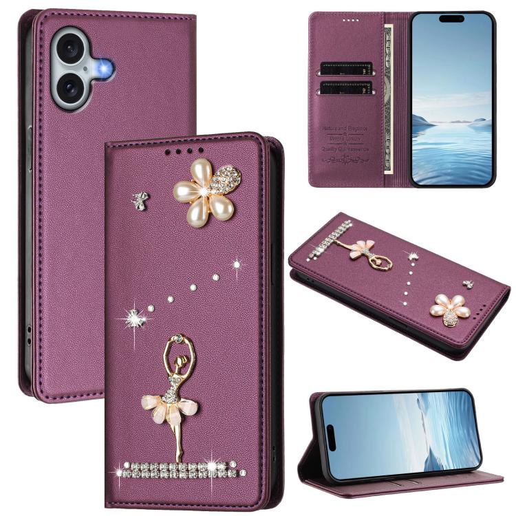 Ốp lưng điện thoại bằng da thuần chay đính kim cương hình cô gái múa ba-lê có RFID, cho iPhone 16 Pro, iPhone 16 Plus, iPhone 16, iPhone 15 Pro Max, iPhone 15 Pro, iPhone 15 Plus