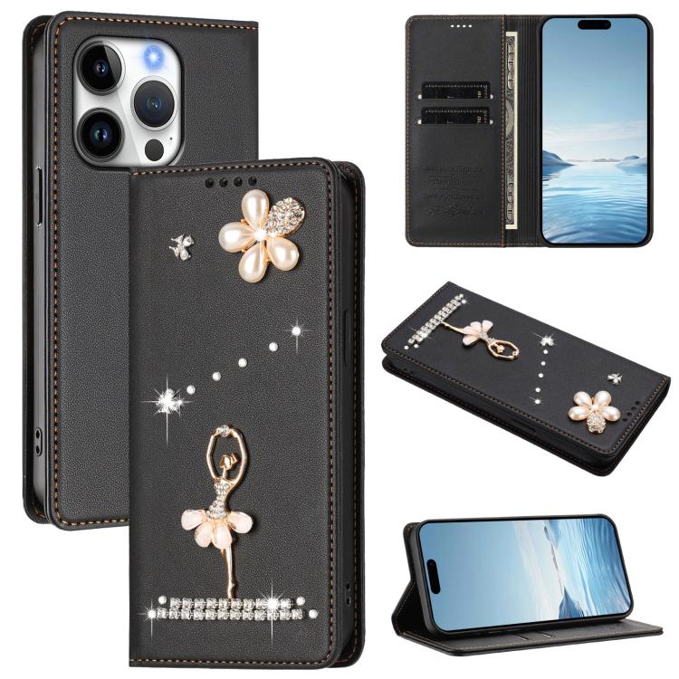 Ốp lưng điện thoại bằng da thuần chay đính kim cương hình cô gái múa ba-lê có RFID, cho iPhone 16 Pro, iPhone 16 Plus, iPhone 16, iPhone 15 Pro Max, iPhone 15 Pro, iPhone 15 Plus