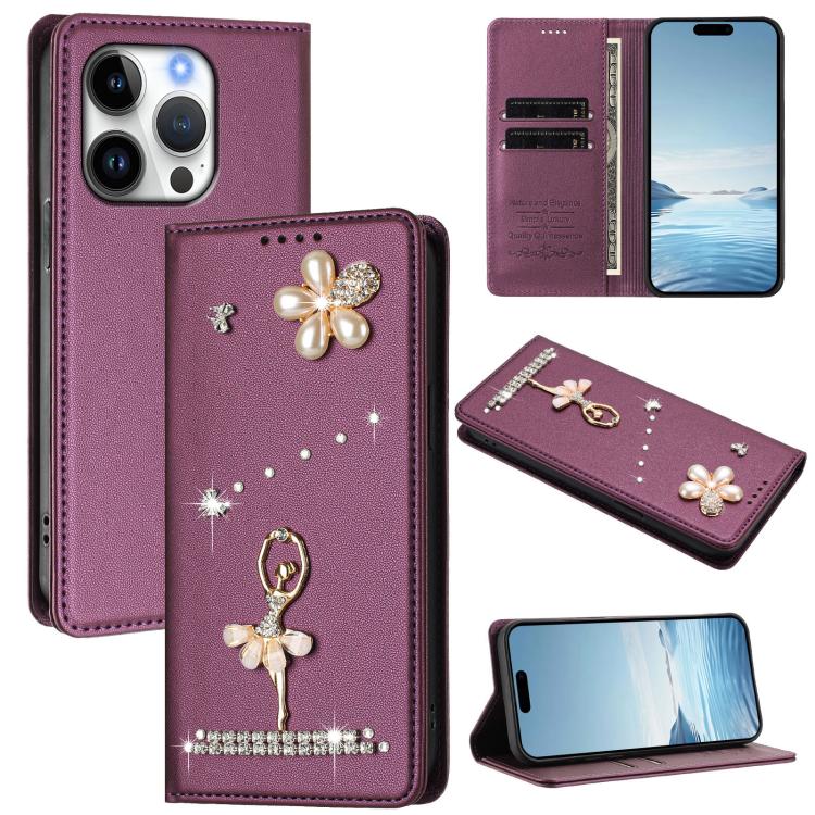 Ốp lưng điện thoại bằng da thuần chay đính kim cương hình cô gái múa ba-lê có RFID, cho iPhone 16 Pro, iPhone 16 Plus, iPhone 16, iPhone 15 Pro Max, iPhone 15 Pro, iPhone 15 Plus