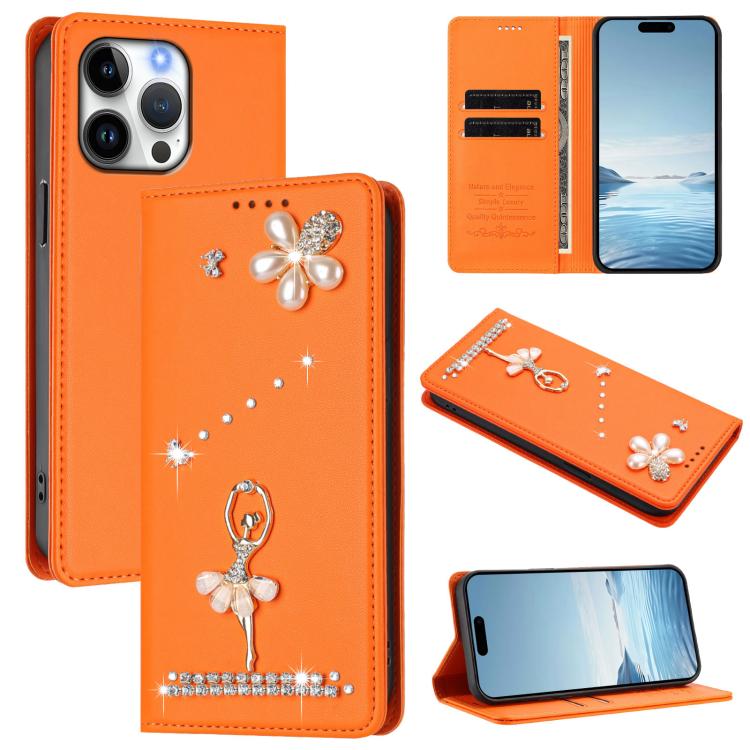 Ốp lưng điện thoại bằng da thuần chay đính kim cương hình cô gái múa ba-lê có RFID, cho iPhone 17e / 16e, iPhone 17 Pro Max, iPhone 17 Pro, iPhone 17, iPhone Air, iPhone 16 Pro Max