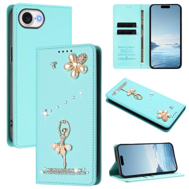 Ốp lưng điện thoại bằng da thuần chay đính kim cương hình cô gái múa ba-lê có RFID, cho iPhone 17e / 16e, iPhone 17 Pro Max, iPhone 17 Pro, iPhone 17, iPhone Air, iPhone 16 Pro Max