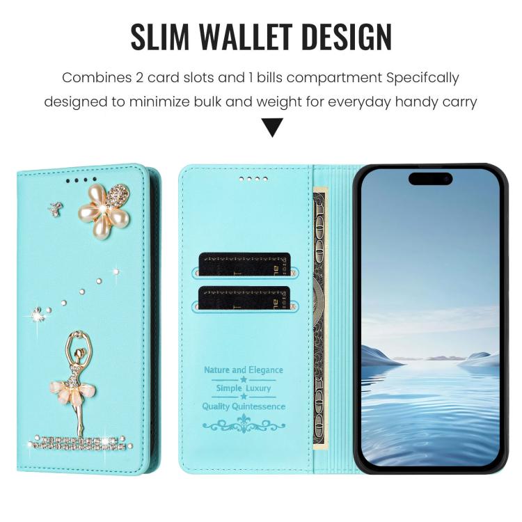 Ốp lưng điện thoại bằng da thuần chay đính kim cương hình cô gái múa ba-lê có RFID, cho iPhone 17e / 16e, iPhone 17 Pro Max, iPhone 17 Pro, iPhone 17, iPhone Air, iPhone 16 Pro Max