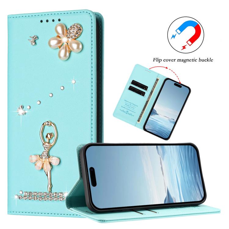 Ốp lưng điện thoại bằng da thuần chay đính kim cương hình cô gái múa ba-lê có RFID, cho iPhone 17e / 16e, iPhone 17 Pro Max, iPhone 17 Pro, iPhone 17, iPhone Air, iPhone 16 Pro Max