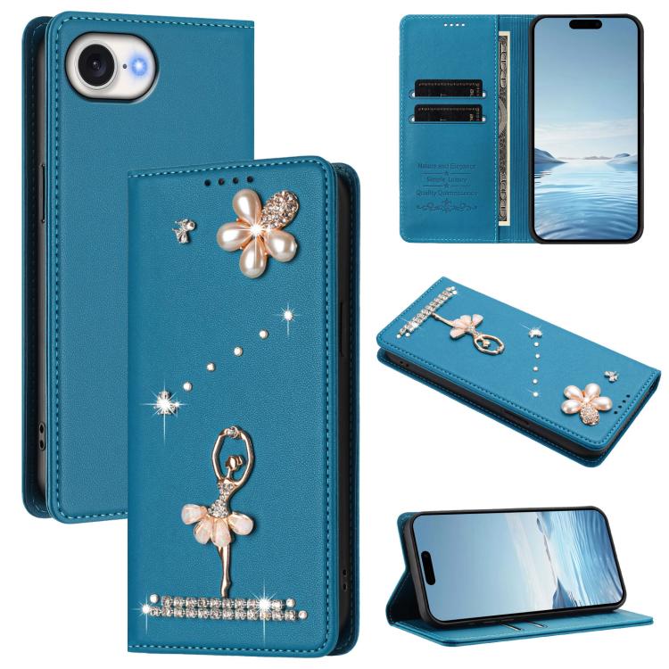 Ốp lưng điện thoại bằng da thuần chay đính kim cương hình cô gái múa ba-lê có RFID, cho iPhone 17e / 16e, iPhone 17 Pro Max, iPhone 17 Pro, iPhone 17, iPhone Air, iPhone 16 Pro Max