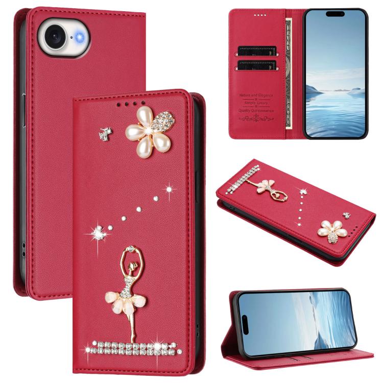 Ốp lưng điện thoại bằng da thuần chay đính kim cương hình cô gái múa ba-lê có RFID, cho iPhone 17e / 16e, iPhone 17 Pro Max, iPhone 17 Pro, iPhone 17, iPhone Air, iPhone 16 Pro Max
