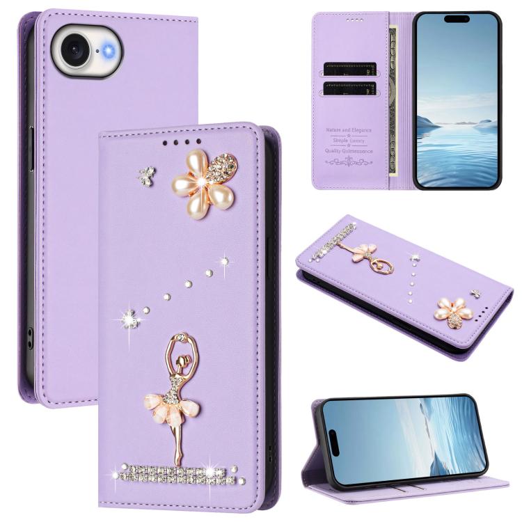 Ốp lưng điện thoại bằng da thuần chay đính kim cương hình cô gái múa ba-lê có RFID, cho iPhone 17e / 16e, iPhone 17 Pro Max, iPhone 17 Pro, iPhone 17, iPhone Air, iPhone 16 Pro Max