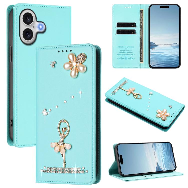 Ốp lưng điện thoại bằng da thuần chay đính kim cương hình cô gái múa ba-lê có RFID, cho iPhone 17e / 16e, iPhone 17 Pro Max, iPhone 17 Pro, iPhone 17, iPhone Air, iPhone 16 Pro Max