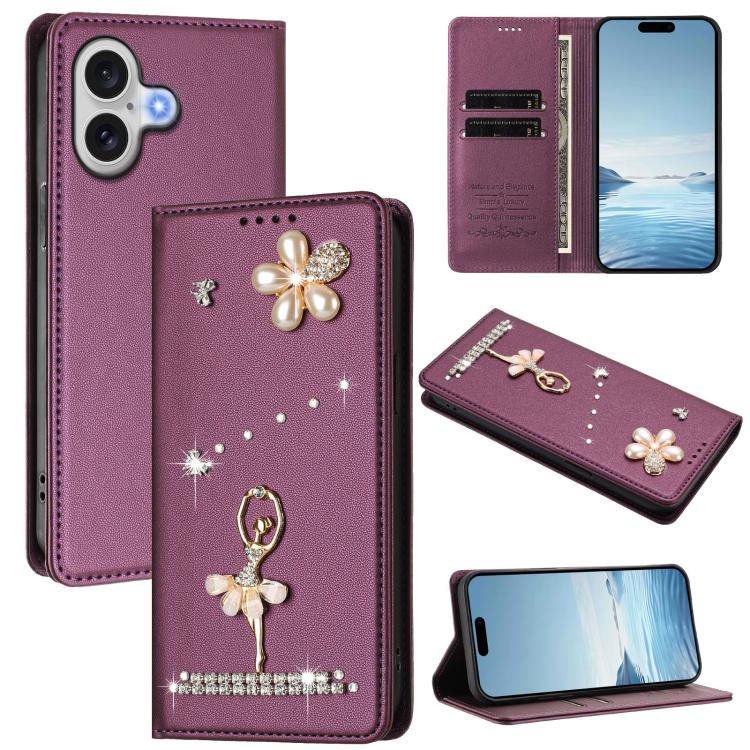 Ốp lưng điện thoại bằng da thuần chay đính kim cương hình cô gái múa ba-lê có RFID, cho iPhone 17e / 16e, iPhone 17 Pro Max, iPhone 17 Pro, iPhone 17, iPhone Air, iPhone 16 Pro Max