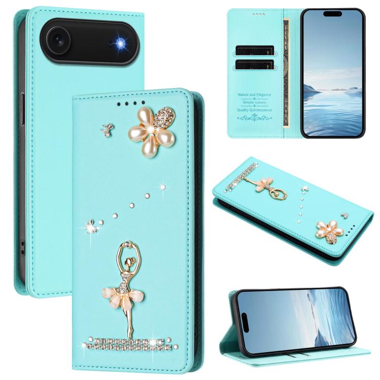 Ốp lưng điện thoại bằng da thuần chay đính kim cương hình cô gái múa ba-lê có RFID, cho iPhone 17e / 16e, iPhone 17 Pro Max, iPhone 17 Pro, iPhone 17, iPhone Air, iPhone 16 Pro Max