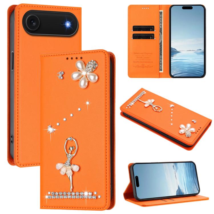 Ốp lưng điện thoại bằng da thuần chay đính kim cương hình cô gái múa ba-lê có RFID, cho iPhone 17e / 16e, iPhone 17 Pro Max, iPhone 17 Pro, iPhone 17, iPhone Air, iPhone 16 Pro Max