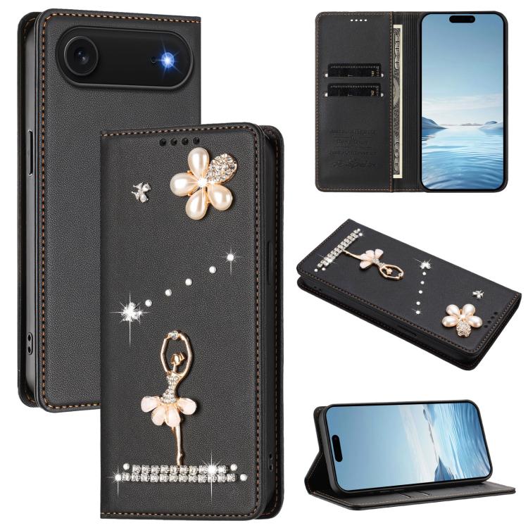 Ốp lưng điện thoại bằng da thuần chay đính kim cương hình cô gái múa ba-lê có RFID, cho iPhone 17e / 16e, iPhone 17 Pro Max, iPhone 17 Pro, iPhone 17, iPhone Air, iPhone 16 Pro Max