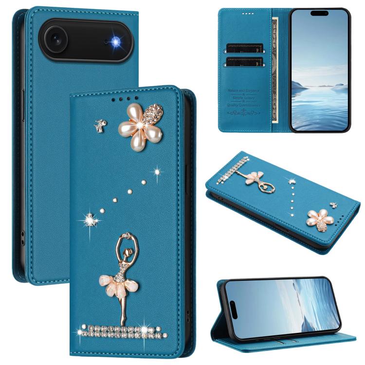 Ốp lưng điện thoại bằng da thuần chay đính kim cương hình cô gái múa ba-lê có RFID, cho iPhone 17e / 16e, iPhone 17 Pro Max, iPhone 17 Pro, iPhone 17, iPhone Air, iPhone 16 Pro Max