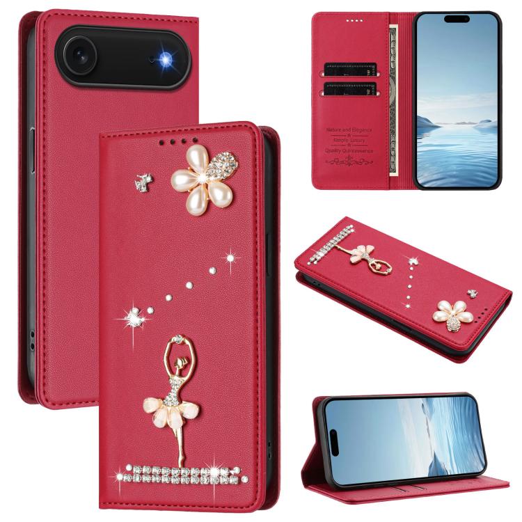 Ốp lưng điện thoại bằng da thuần chay đính kim cương hình cô gái múa ba-lê có RFID, cho iPhone 17e / 16e, iPhone 17 Pro Max, iPhone 17 Pro, iPhone 17, iPhone Air, iPhone 16 Pro Max