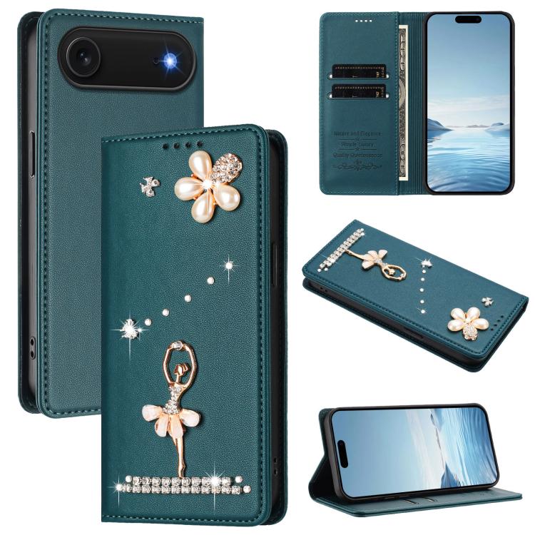 Ốp lưng điện thoại bằng da thuần chay đính kim cương hình cô gái múa ba-lê có RFID, cho iPhone 17e / 16e, iPhone 17 Pro Max, iPhone 17 Pro, iPhone 17, iPhone Air, iPhone 16 Pro Max