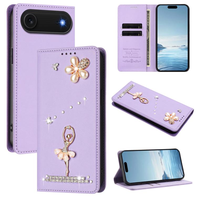 Ốp lưng điện thoại bằng da thuần chay đính kim cương hình cô gái múa ba-lê có RFID, cho iPhone 17e / 16e, iPhone 17 Pro Max, iPhone 17 Pro, iPhone 17, iPhone Air, iPhone 16 Pro Max