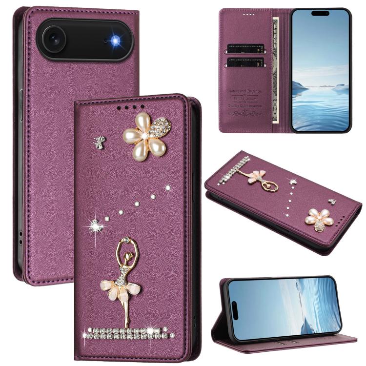 Ốp lưng điện thoại bằng da thuần chay đính kim cương hình cô gái múa ba-lê có RFID, cho iPhone 17e / 16e, iPhone 17 Pro Max, iPhone 17 Pro, iPhone 17, iPhone Air, iPhone 16 Pro Max