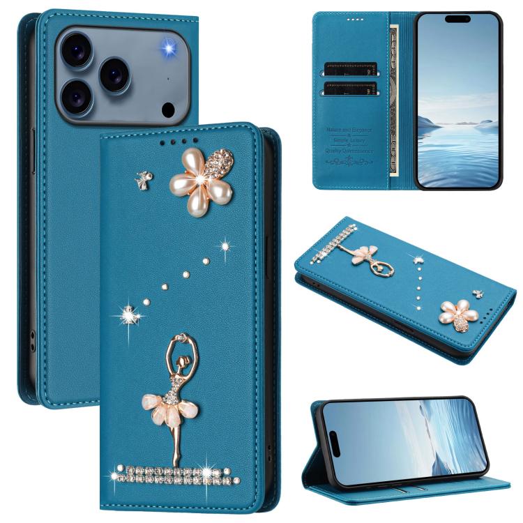 Ốp lưng điện thoại bằng da thuần chay đính kim cương hình cô gái múa ba-lê có RFID, cho iPhone 17e / 16e, iPhone 17 Pro Max, iPhone 17 Pro, iPhone 17, iPhone Air, iPhone 16 Pro Max