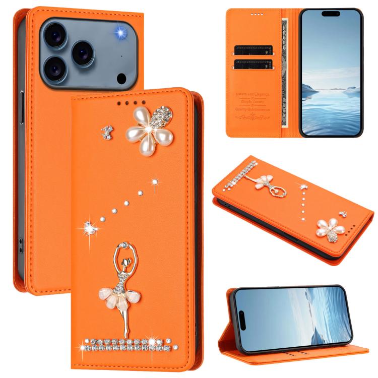 Ốp lưng điện thoại bằng da thuần chay đính kim cương hình cô gái múa ba-lê có RFID, cho iPhone 17e / 16e, iPhone 17 Pro Max, iPhone 17 Pro, iPhone 17, iPhone Air, iPhone 16 Pro Max