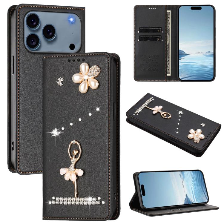 Ốp lưng điện thoại bằng da thuần chay đính kim cương hình cô gái múa ba-lê có RFID, cho iPhone 17e / 16e, iPhone 17 Pro Max, iPhone 17 Pro, iPhone 17, iPhone Air, iPhone 16 Pro Max