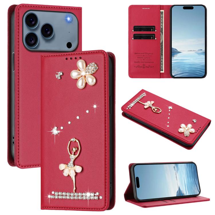 Ốp lưng điện thoại bằng da thuần chay đính kim cương hình cô gái múa ba-lê có RFID, cho iPhone 17e / 16e, iPhone 17 Pro Max, iPhone 17 Pro, iPhone 17, iPhone Air, iPhone 16 Pro Max