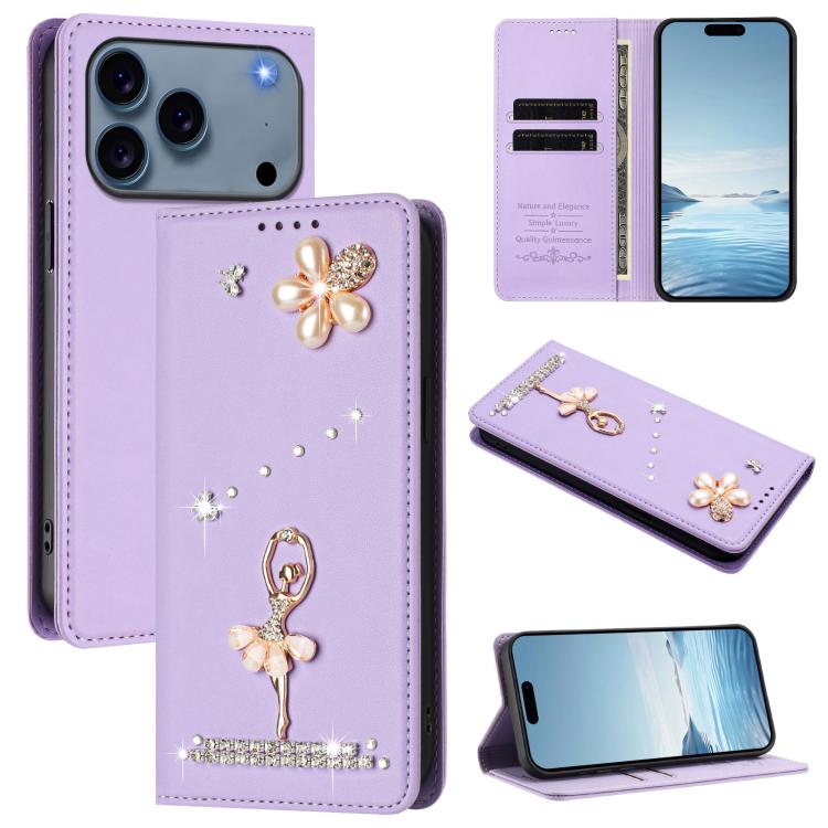 Ốp lưng điện thoại bằng da thuần chay đính kim cương hình cô gái múa ba-lê có RFID, cho iPhone 17e / 16e, iPhone 17 Pro Max, iPhone 17 Pro, iPhone 17, iPhone Air, iPhone 16 Pro Max